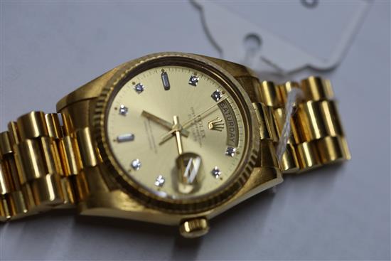 A gentlemans 1980s? 18ct gold Rolex Oyster Perpetual Day Date wristwatch, on 18ct gold Rolex bracelet with deployment clasp,